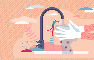 Illustration zwei sich waschender Hände unter einem Wasserhahn. Unter dem Hahn steht eine Miniaturperson auf einer Leiter.