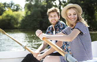 Couple rowing boat on lake