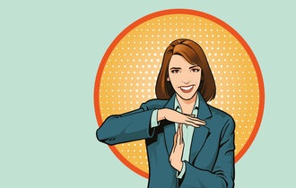 Illustration einer Frau, welche mit den Händen ein Pausenzeichen gestikuliert. Im Hintergrund ist ein organgener Kreis