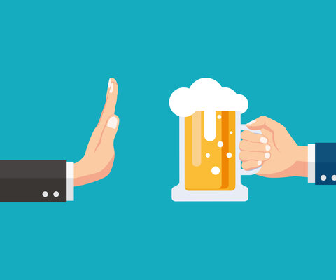 No alcohol. Man offers to drink holding a Glass of beer in hand. Stop alcohol. vector illustration in flat style