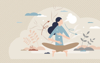 Illustration einer im Schneidersitz sitzenden Person in der Natur. Pfeile demonstrieren ein sichtbares Ein- und Ausatmen.
