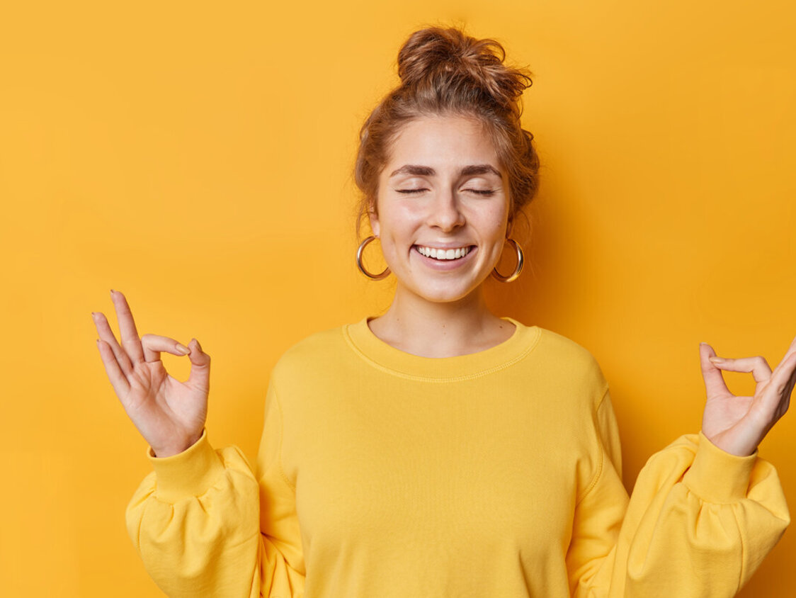 Happy,Calm,Patient,Young,Woman,Makes,Zen,Nirvana,Gesture,Meditates