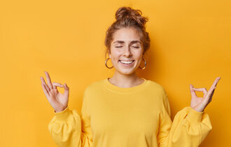 Happy,Calm,Patient,Young,Woman,Makes,Zen,Nirvana,Gesture,Meditates