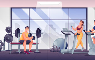 Illustration. In einem Fitnessstudio mit großer Fensterfront trainieren 3 Menschen mit Zubehör.