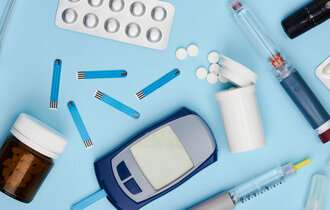 Diabetes,Concept,With,Medical,Equipment,On,Blue,Background,With,Copy