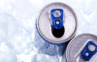Closeup,Of,Blue,Drink,Can,On,Ice,Background